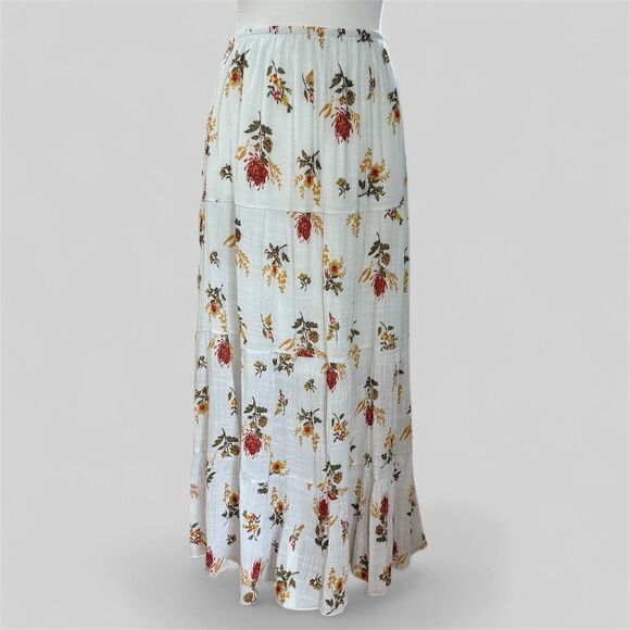 J Gee Fall Floral Tiered Maxi Skirt Sz M Cream Fairy Boho Coquette Festival - Picture 1 of 16